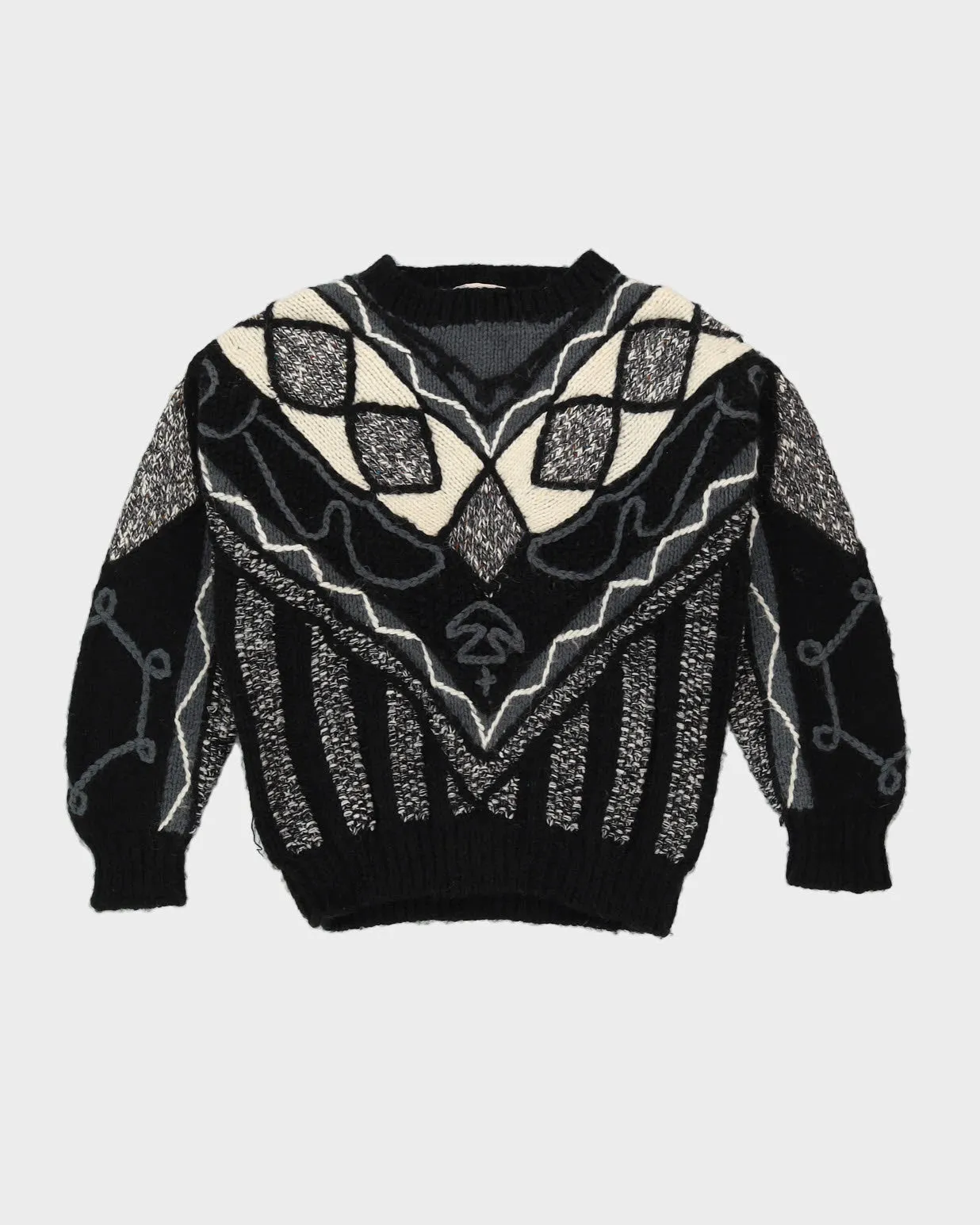 00s Black Patterned Knitted Jumper - L