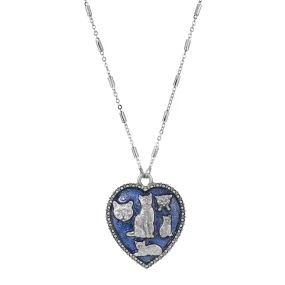 1928 Jewelry Blue Enamel Heart Clowder Of Cats Pendant Necklace 28"L