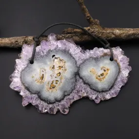 2 Hole Pendant Large Natural Amethyst Stalactite Flower Pendant Flat Slice Freeform One of a Kind P0087