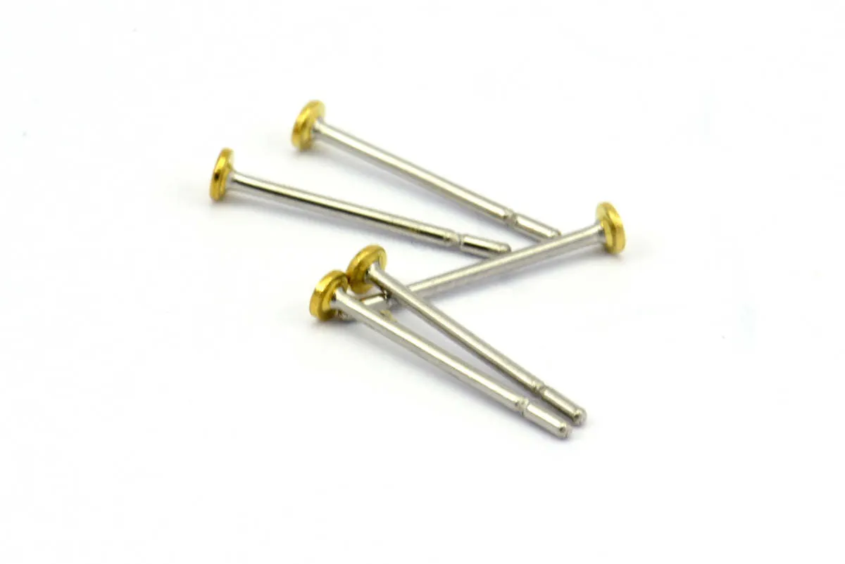 316L Earring Post Stud, 100 316L Stainless Steel Earring Posts With Raw Brass 2mm Flat Pad, Ear Studs ( A0355 )