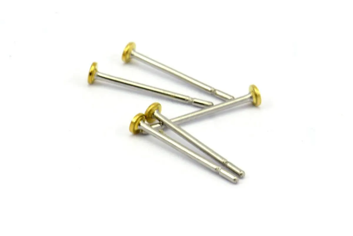 316L Earring Post Stud, 100 316L Stainless Steel Earring Posts With Raw Brass 2mm Flat Pad, Ear Studs ( A0355 )