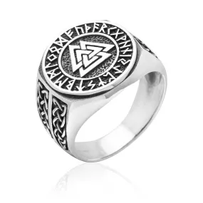 925 Sterling Silver Valknut, Runes and Knot-work Ring