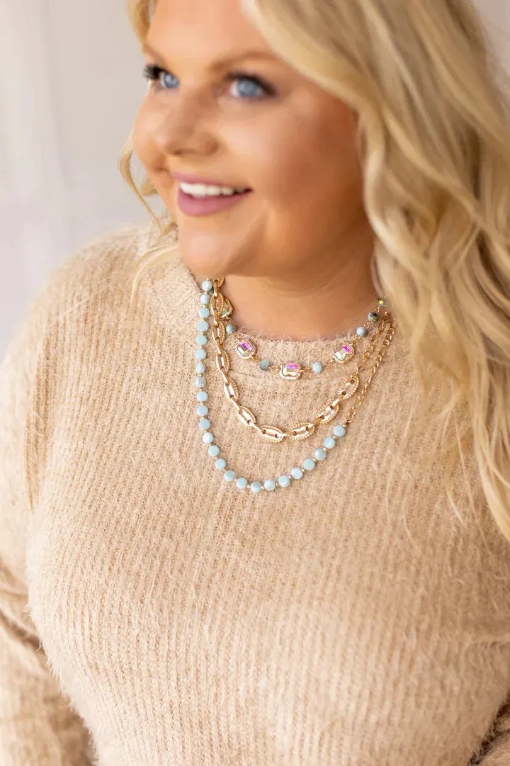 Baby Blue, Gold, Bling 3 layer necklace