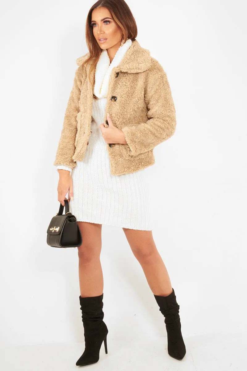 Beige Button Front Borg Coat - Jordana