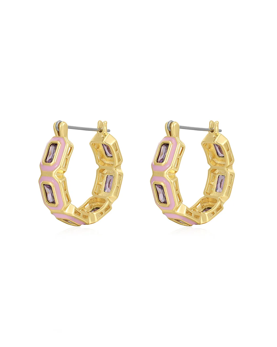 Bezel Emerald Ballier Hoops- Baby Pink- Gold