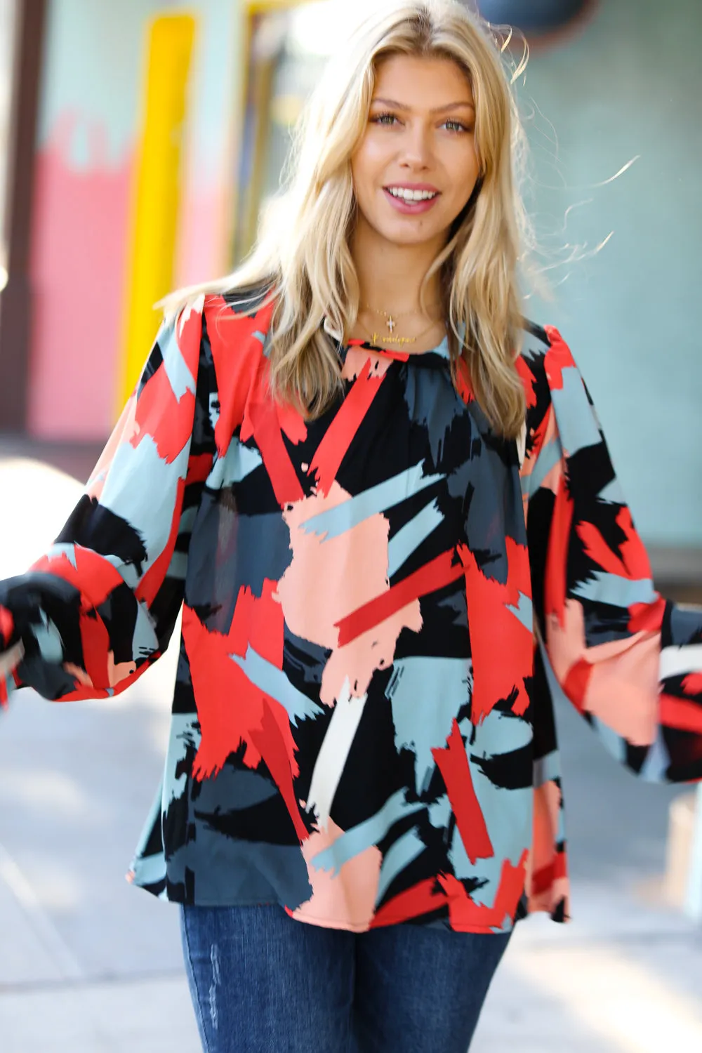 Black & Red Abstract Print Frill NeckTop