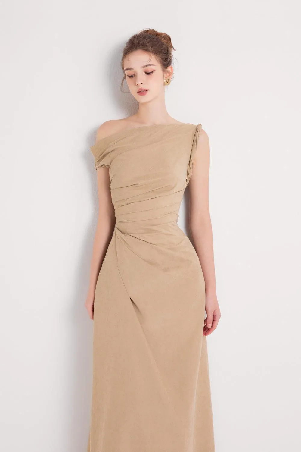 Bliss A-line Asymmetric Sleeved Khaki Silk Ankle Length Dress