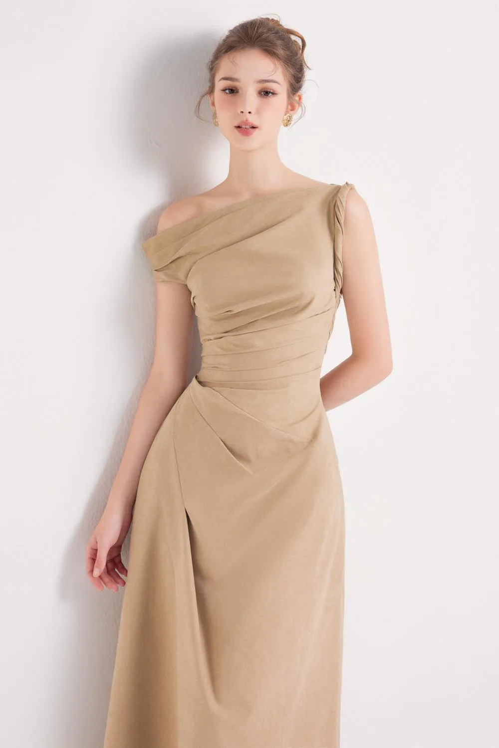 Bliss A-line Asymmetric Sleeved Khaki Silk Ankle Length Dress