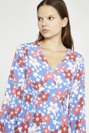 Blue-Red Flower Fluted Sleeve Mini-Dress