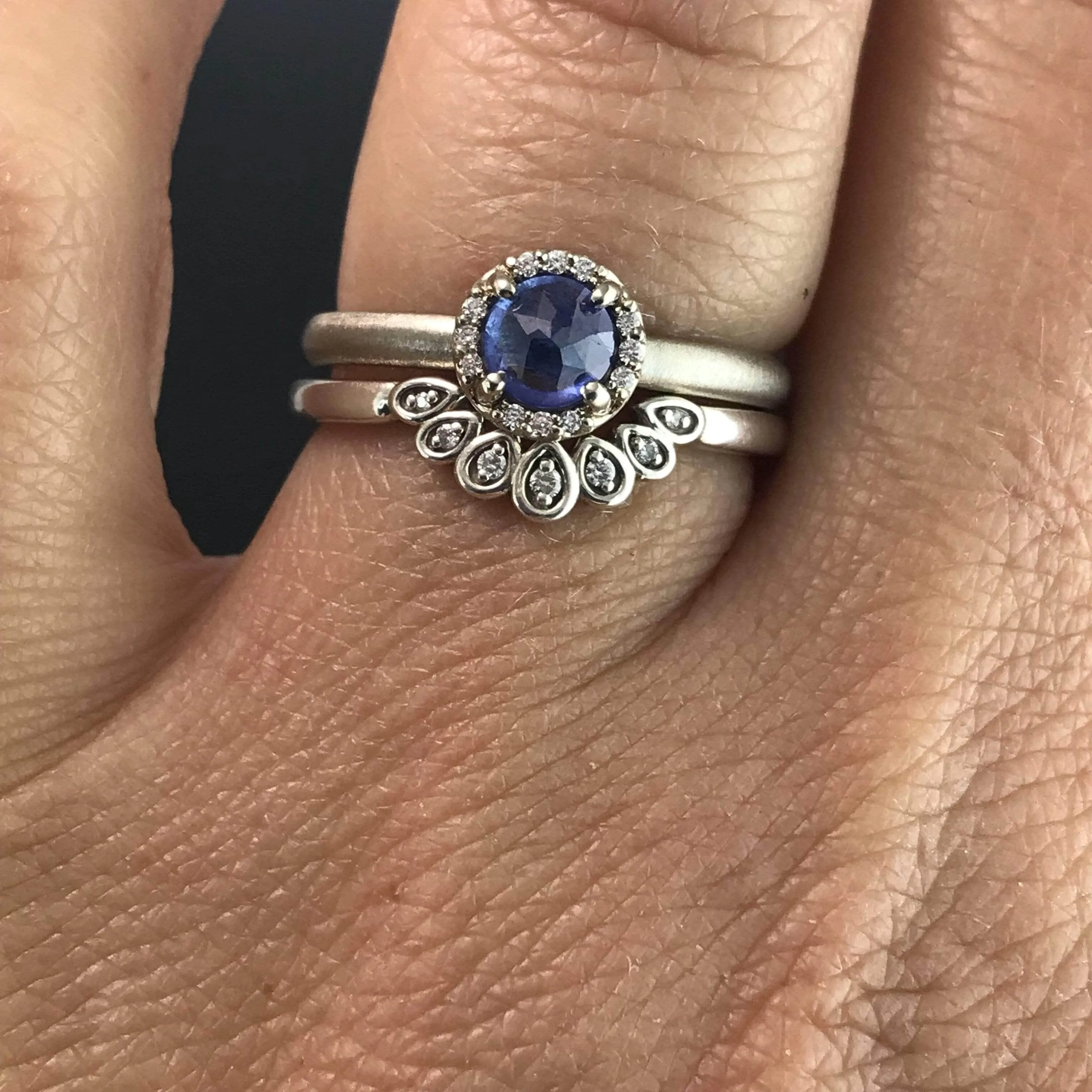 Blue Rose Cut Sapphire & White Diamond Halo White Gold Engagement Ring, size 4 to 9