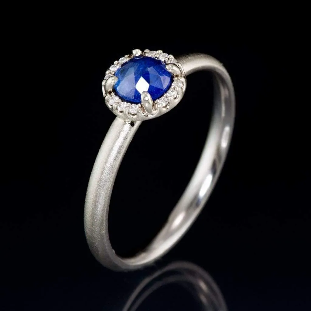 Blue Rose Cut Sapphire & White Diamond Halo White Gold Engagement Ring, size 4 to 9