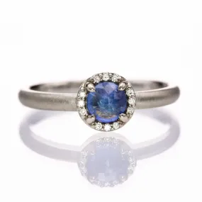 Blue Rose Cut Sapphire & White Diamond Halo White Gold Engagement Ring, size 4 to 9