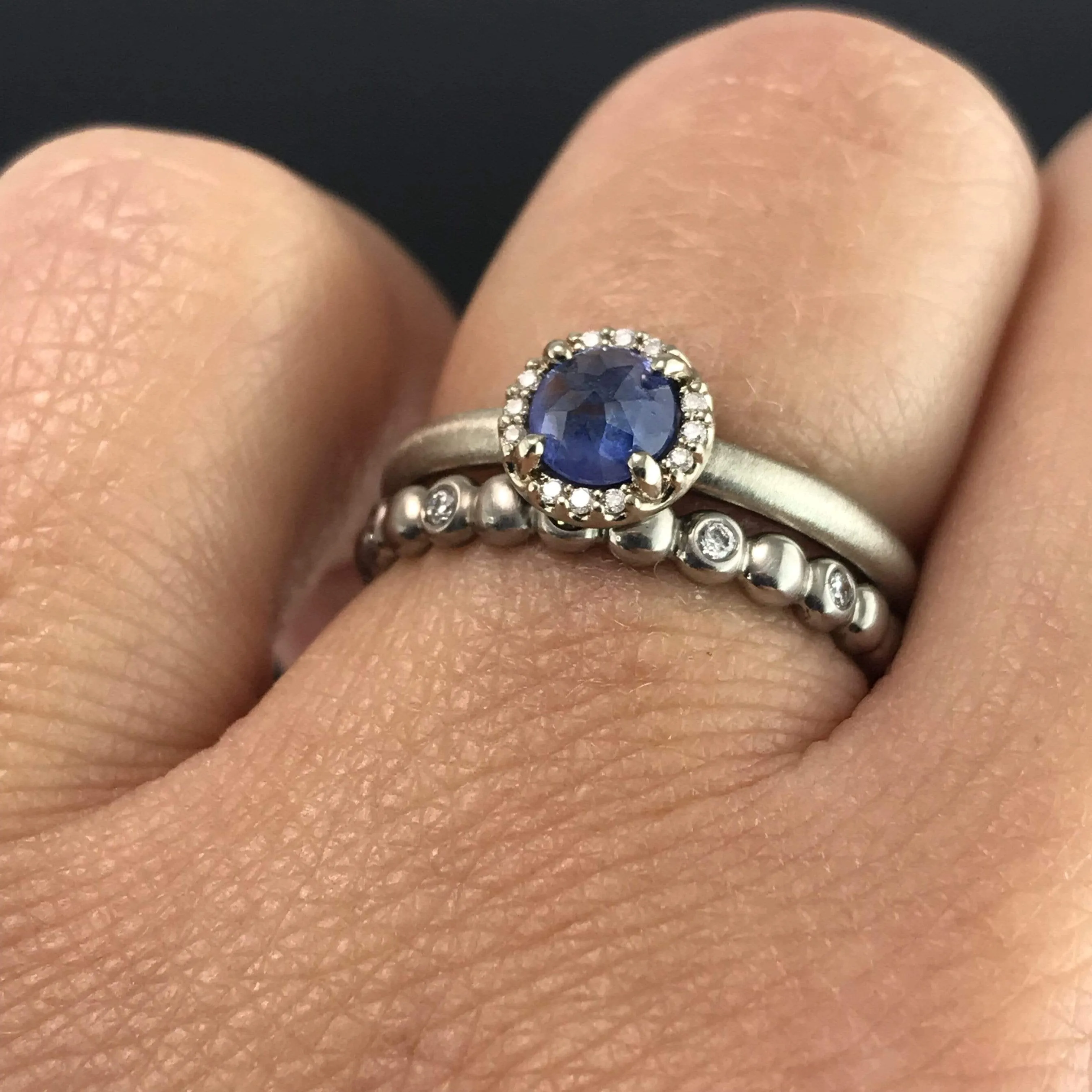 Blue Rose Cut Sapphire & White Diamond Halo White Gold Engagement Ring, size 4 to 9