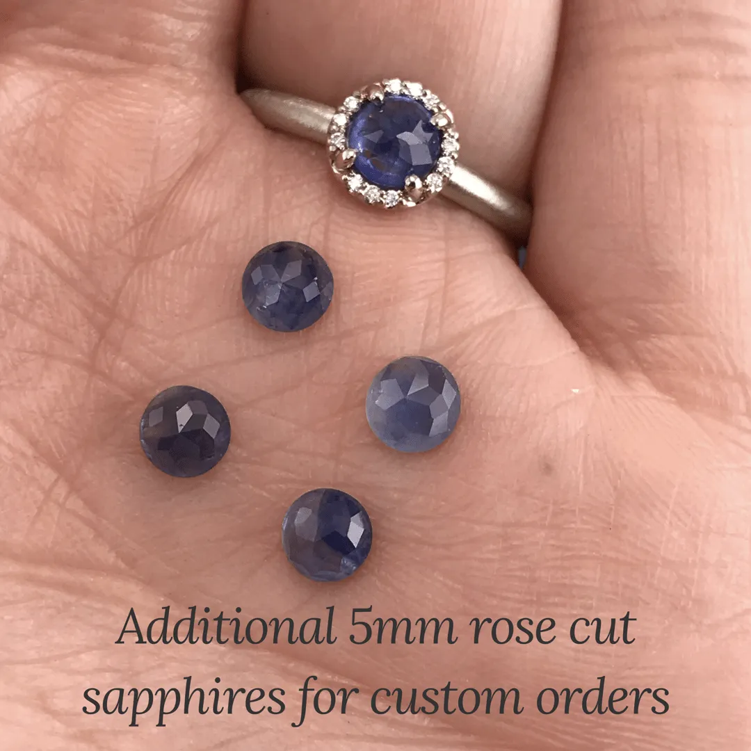 Blue Rose Cut Sapphire & White Diamond Halo White Gold Engagement Ring, size 4 to 9