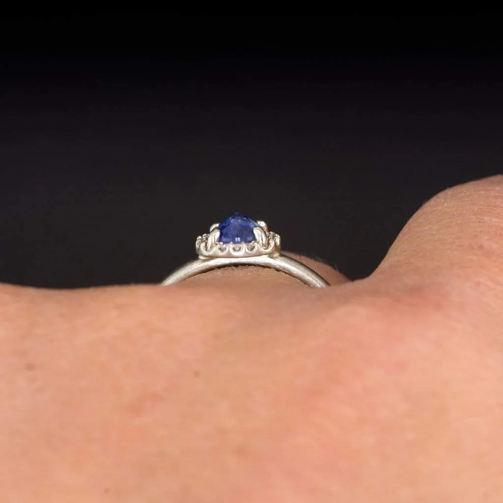 Blue Rose Cut Sapphire & White Diamond Halo White Gold Engagement Ring, size 4 to 9