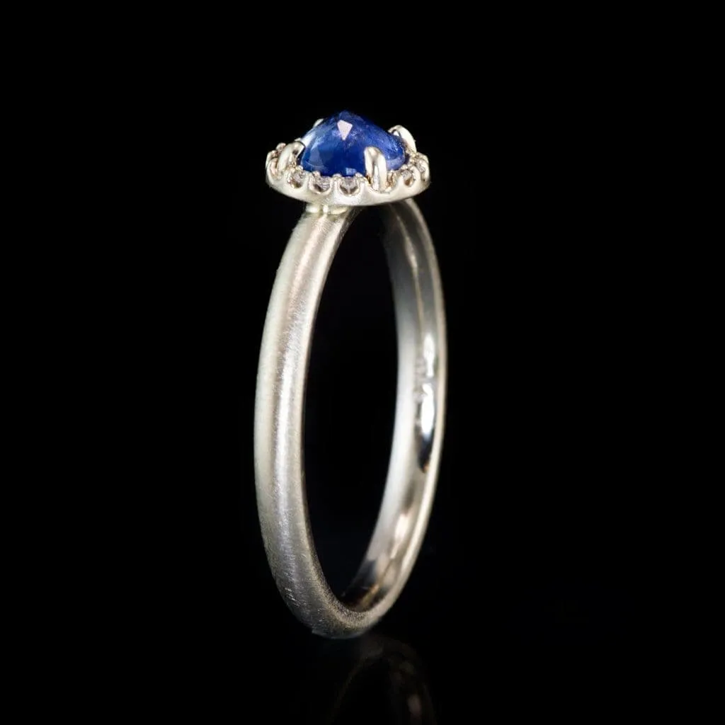 Blue Rose Cut Sapphire & White Diamond Halo White Gold Engagement Ring, size 4 to 9