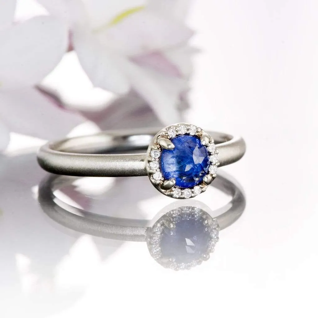 Blue Rose Cut Sapphire & White Diamond Halo White Gold Engagement Ring, size 4 to 9