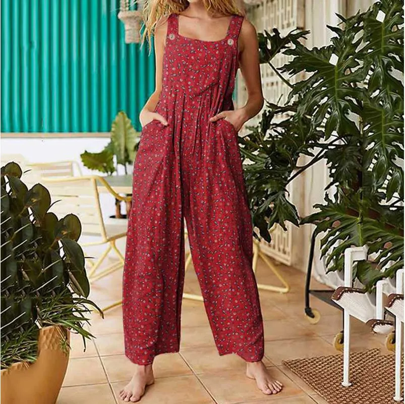 Bohemian Retro Ethnic Patchwork Floral Loose Wide Leg Jumpsuit Playsuit