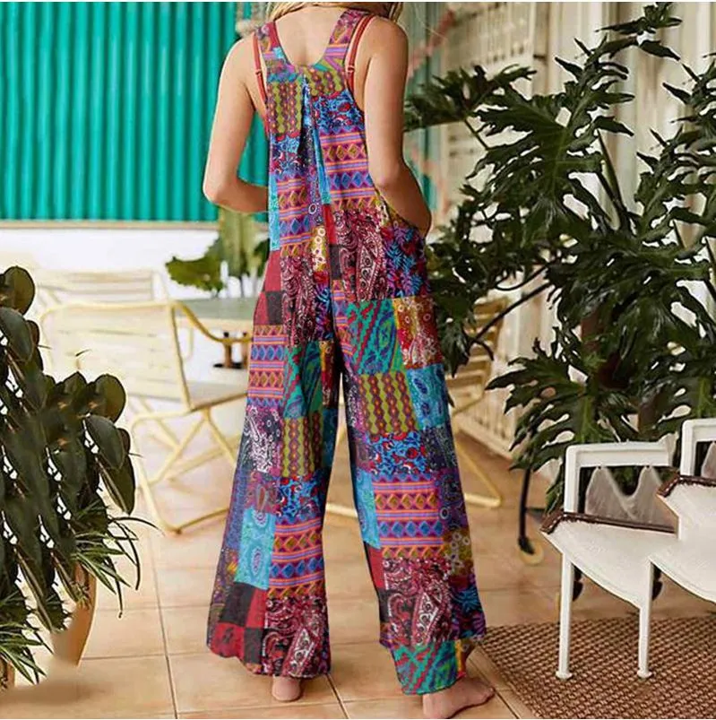 Bohemian Retro Ethnic Patchwork Floral Loose Wide Leg Jumpsuit Playsuit