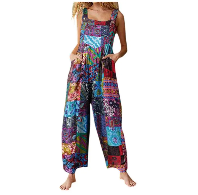 Bohemian Retro Ethnic Patchwork Floral Loose Wide Leg Jumpsuit Playsuit