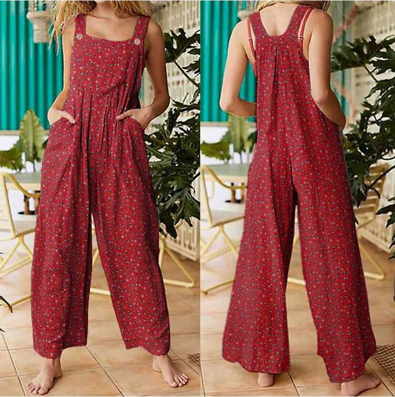 Bohemian Retro Ethnic Patchwork Floral Loose Wide Leg Jumpsuit Playsuit