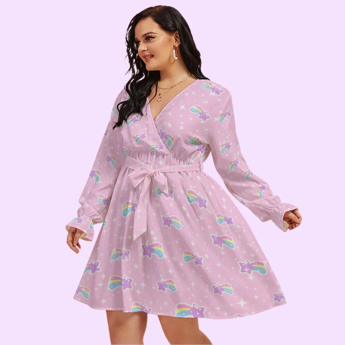 Bubblegum Bunny Shooting Stars Women's V-Neck Long Sleeve Dress With Waistband