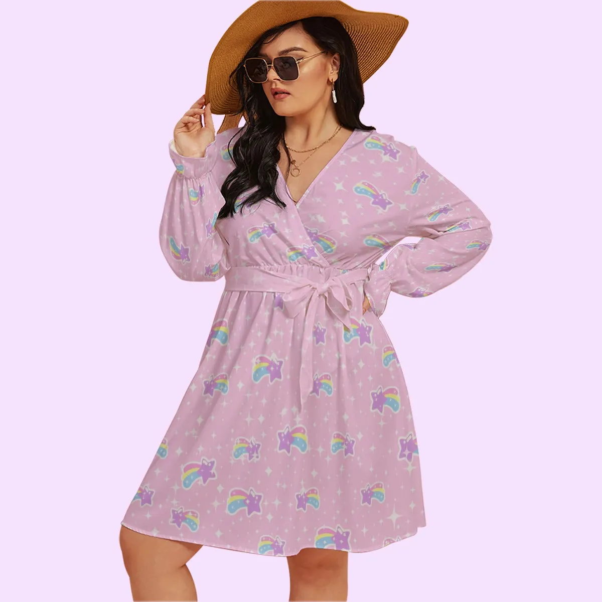 Bubblegum Bunny Shooting Stars Women's V-Neck Long Sleeve Dress With Waistband