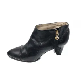 Chanel Black Ankle Boots Leather Cap Toe With Tassle