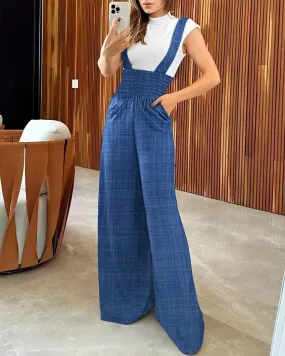 CHIC BLUE PLAID SUSPENDER JUMPSUIT