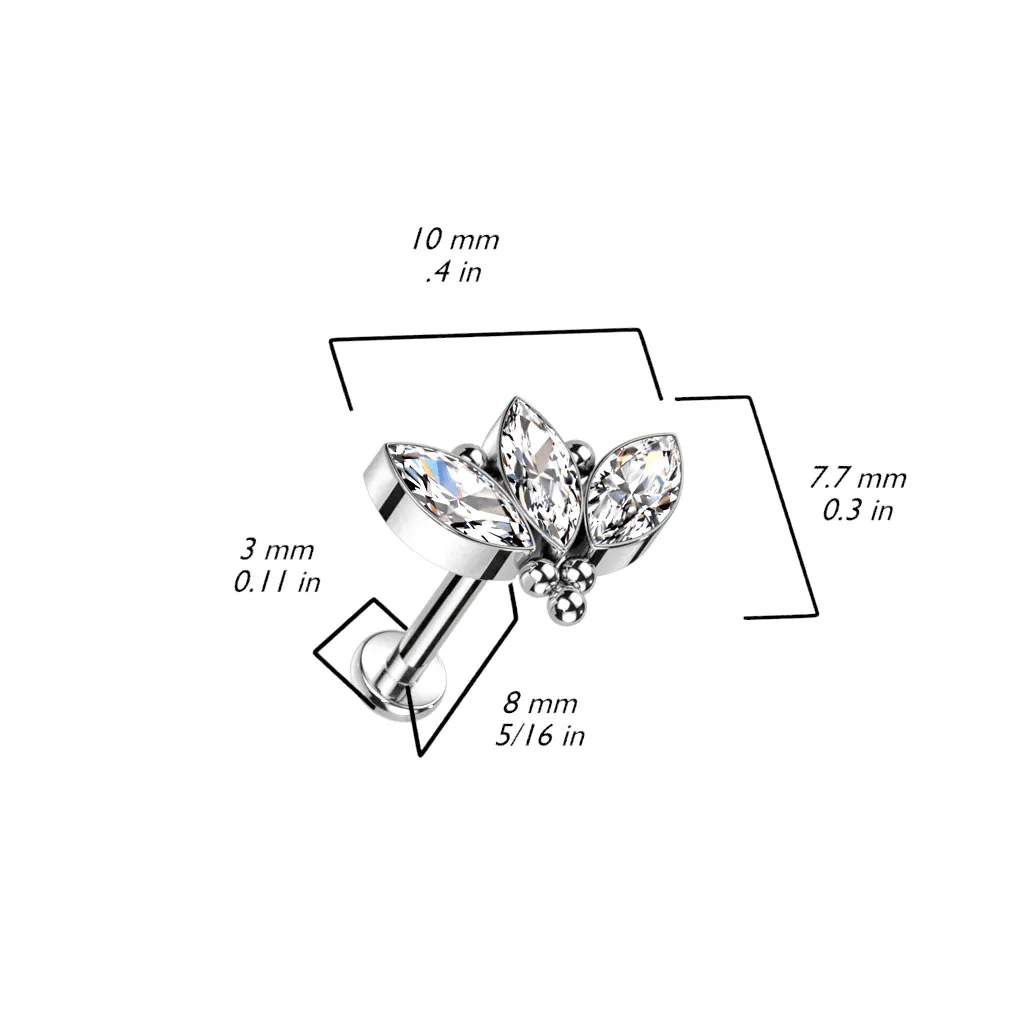 Crystal Marquise Internally Threaded Titanium Body Jewellery. Labret, Monroe, Tragus and Cartilage Earrings.