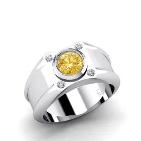 Diamond Pinky Ring 14K White Gold with 1.70ct Bezel Set Round Citrine Solid Engrave Band