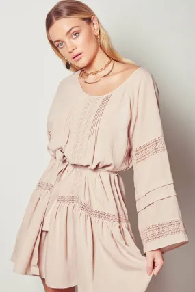 Evonne Wide LS Lace Detail Tie Nude Mini Dress