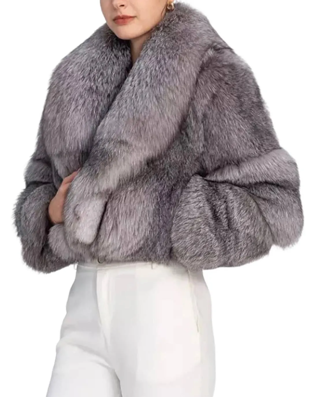 Fox Fur Cropped Turn Down Collar Coat