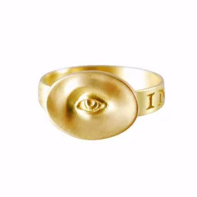 Gabriella Kiss 10k Small Eye Love Token Ring Inscribed with Invigilare