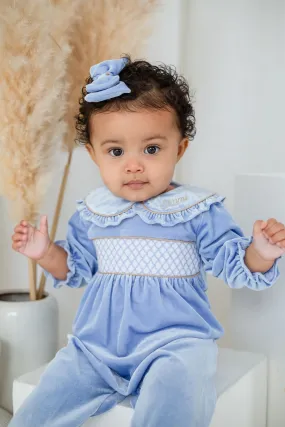 Girls Blue Luxe Smocked Babygrow