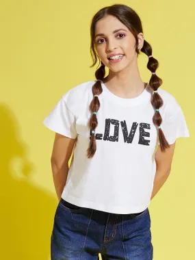 Girls White LOVE Print Crop T-Shirt