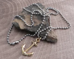 Gold Anchor on Stainless Steel Ball Chain Necklace