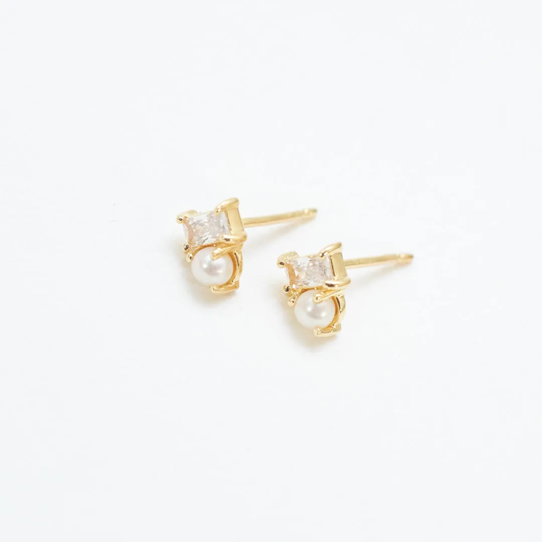 Gold Vermeil CZ Baguette & Pearl Studs