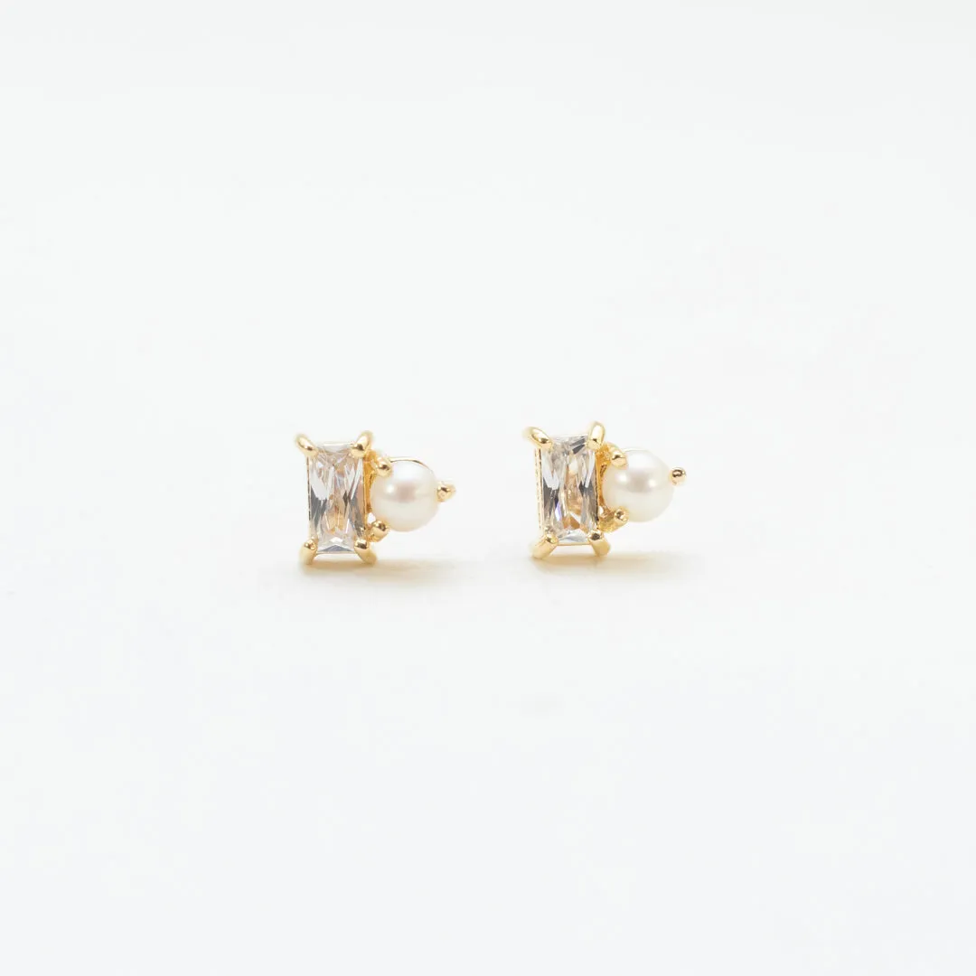 Gold Vermeil CZ Baguette & Pearl Studs