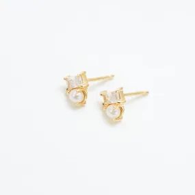 Gold Vermeil CZ Baguette & Pearl Studs