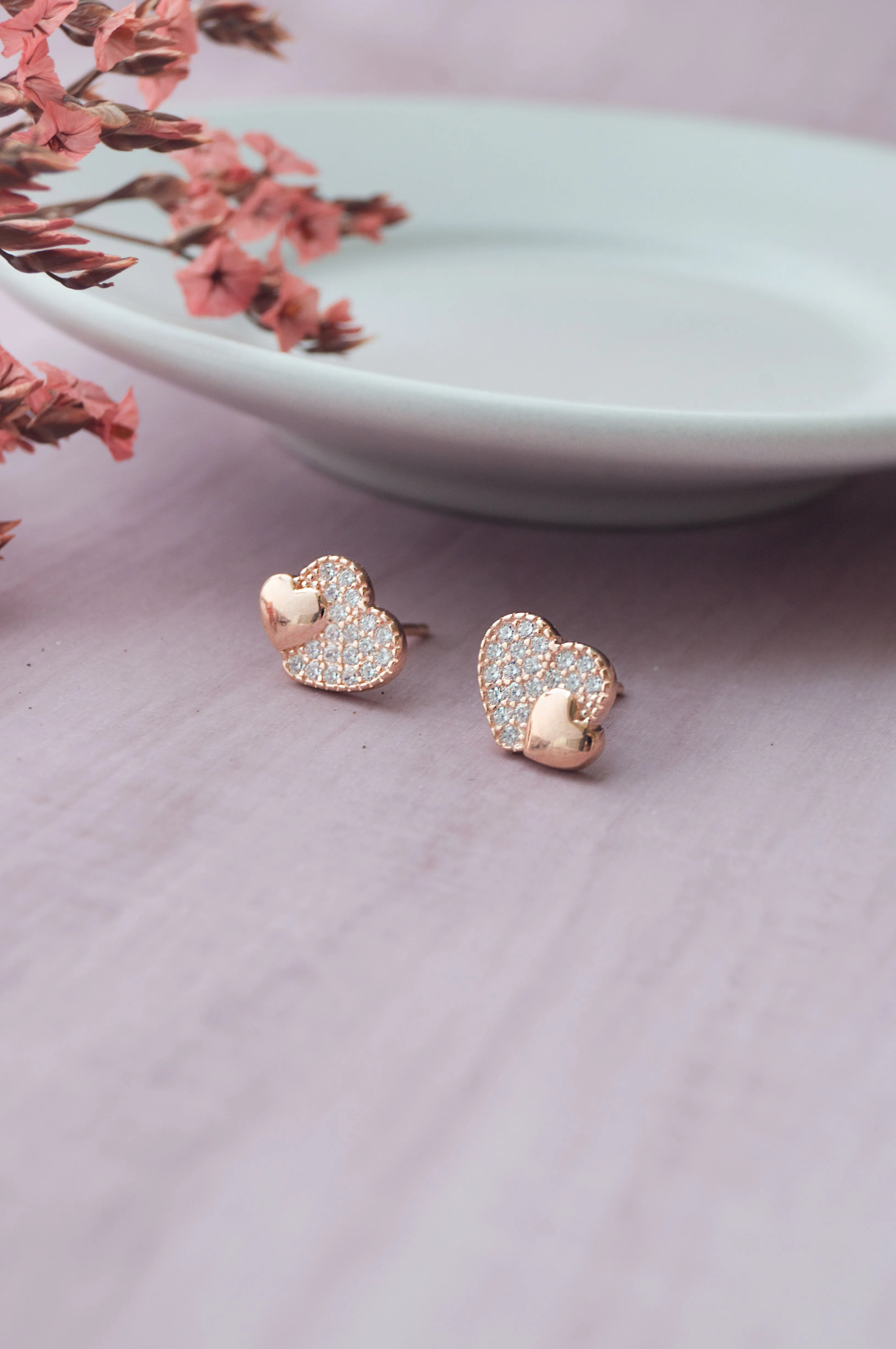 Hearts With Sparkle Rose Gold Plated Sterling Silver Stud Earrings