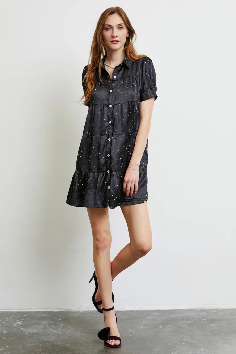 Heyson Tiered Beaded Satin Shirt Dress - Black or Blue - PREORDER