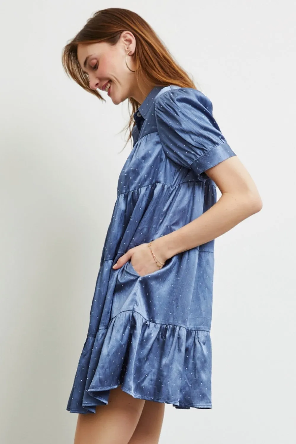 Heyson Tiered Beaded Satin Shirt Dress - Black or Blue - PREORDER