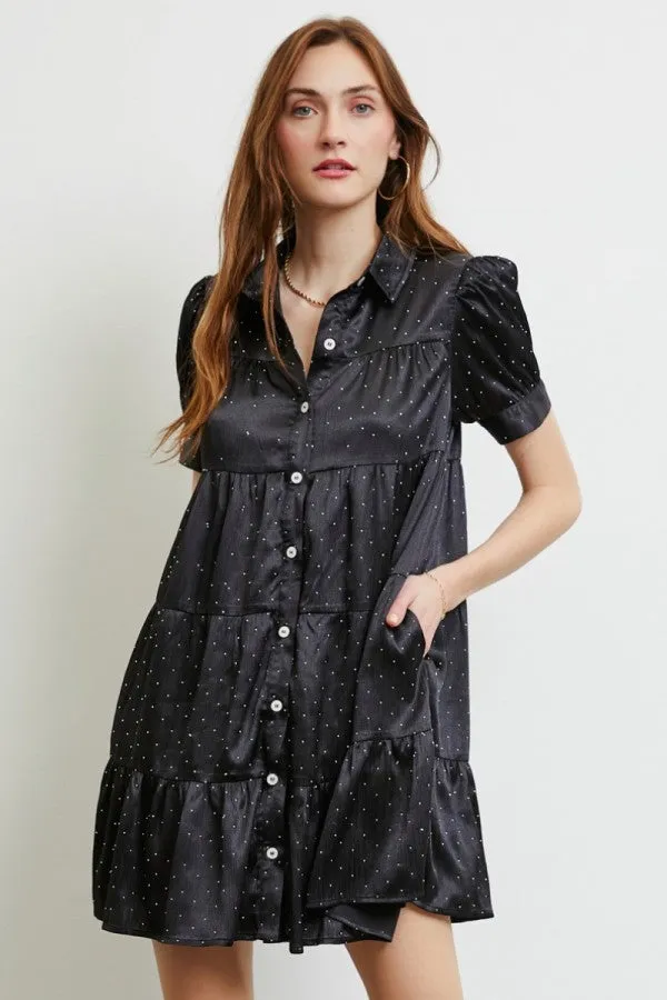 Heyson Tiered Beaded Satin Shirt Dress - Black or Blue - PREORDER