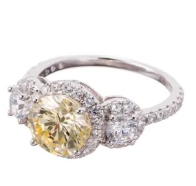 Imitation Canary Diamond Cubic Zirconia Three Stone Halo Engagement Ring In Sterling Silver