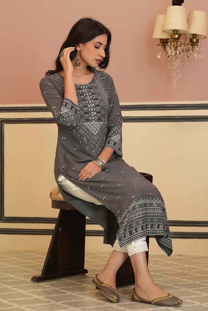 Juniper Grey Ethnic Motif Printed Rayon Straight Kurta.