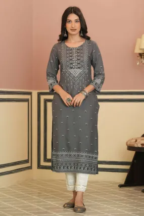 Juniper Grey Ethnic Motif Printed Rayon Straight Kurta.