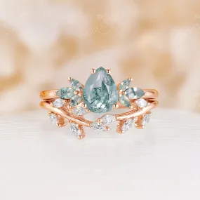 Leaves Pear Moss Agate Nature Engagement Ring Set Rose Gold