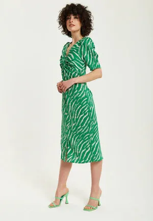 Liquorish Green Zebra Print Knot Front Midi Dress