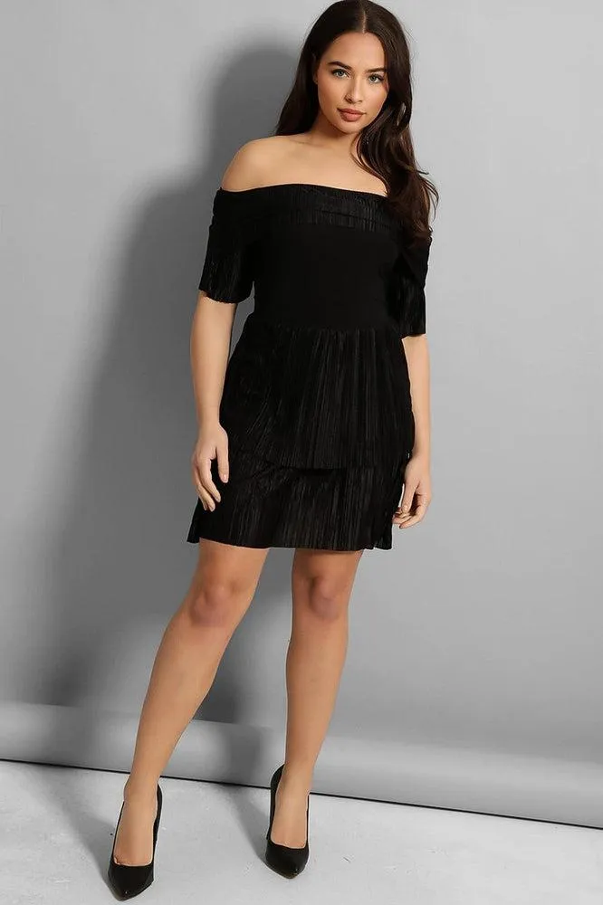 Macro Pleat Frills Off Shoulder Slinky Dress